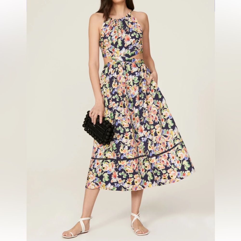 Something Navy Floral Multicolor Cut-Out A-Line Wedding Guest Dress Size M